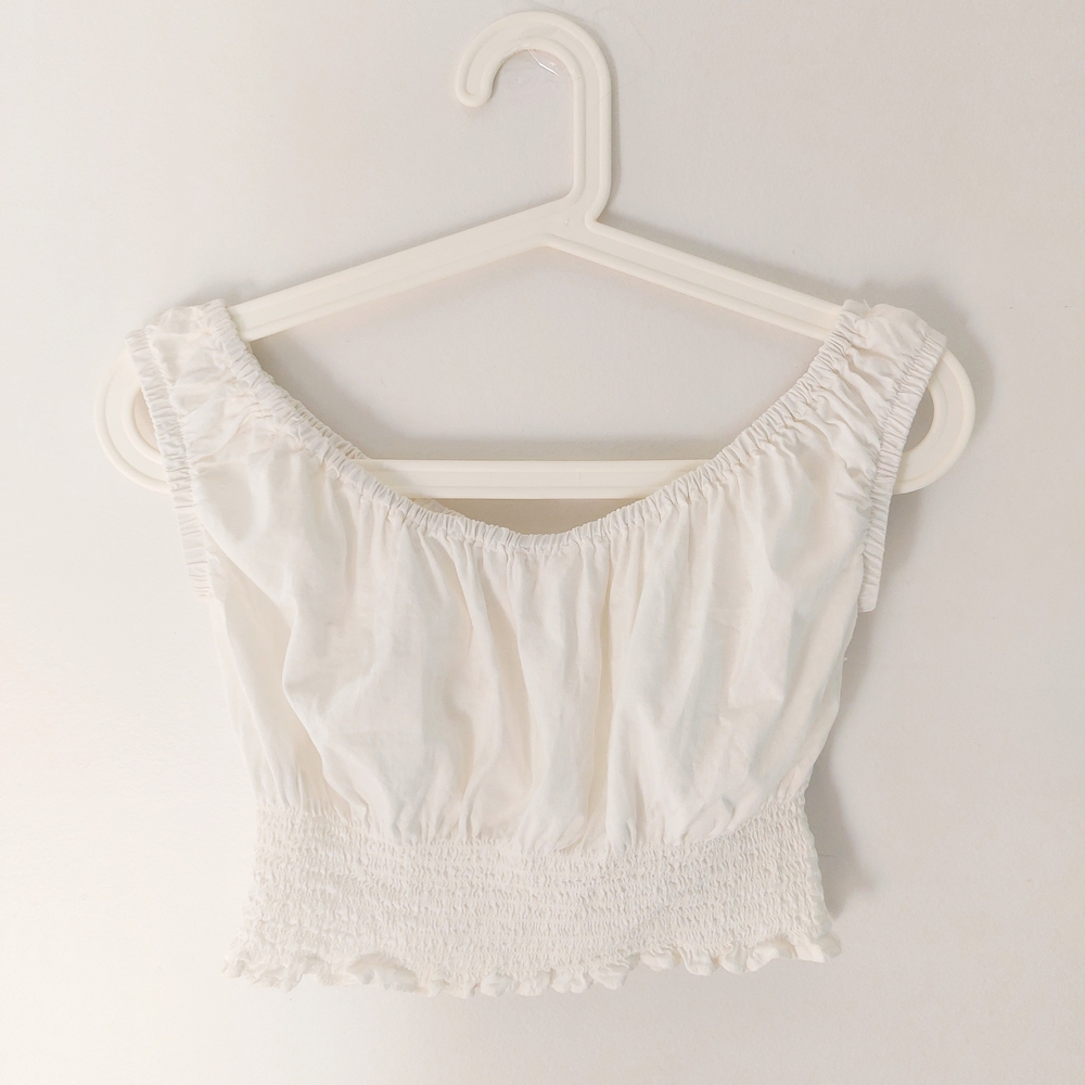 White Linen Ruffled Crop Top Blouse XS
